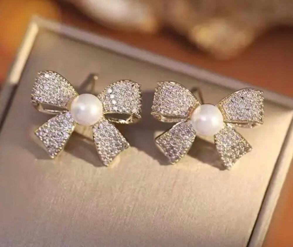 Pearl Rhinestone Bow Earrings